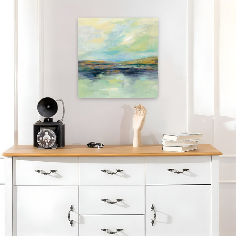 Champ contemporain doré au bord de la rivière avec art abstrait bleu, H 18 po x l 18 po