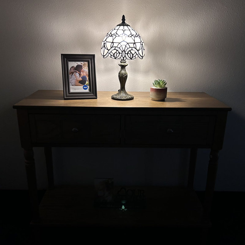 White Stained Glass Baroque Style Mini Table Lamp with Bronze Base