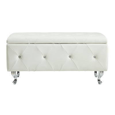 White Tufted Bonded Leather Storage Bench with Crystal Decor, Upholstered Bedroom Bench Ottoman with Hidden Storage for Entryway Bed End Living Room