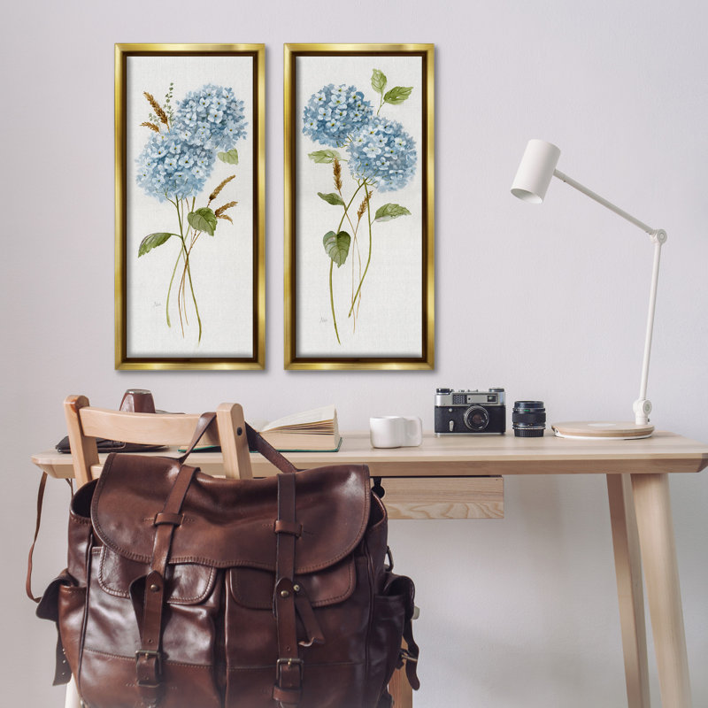 Ensemble de 2 toiles flottantes Blue Hydrangea, H 31 po x l 15 po, Cadre flottant métallique doré