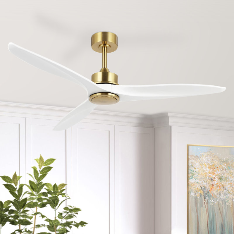 Ventilateur de plafond à 3 pales en bois massif avec télécommande Wivenhoe, Or / blanc cassé, 60 po de largeur, Sans lumière