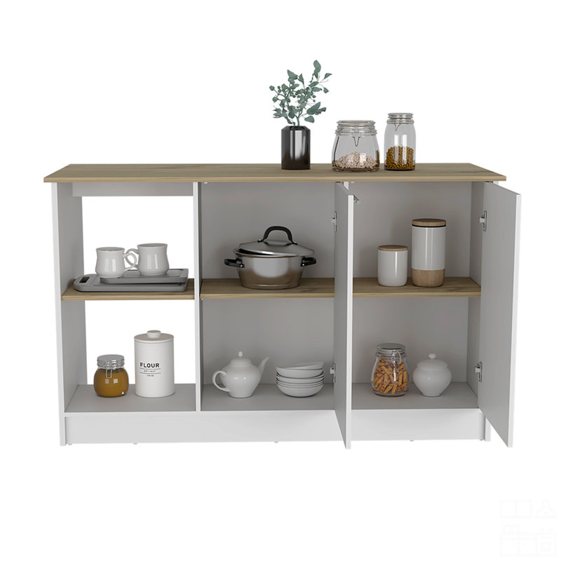 Kitchen Island, Four Open Shelves, Two Cabinets, White/Natural
