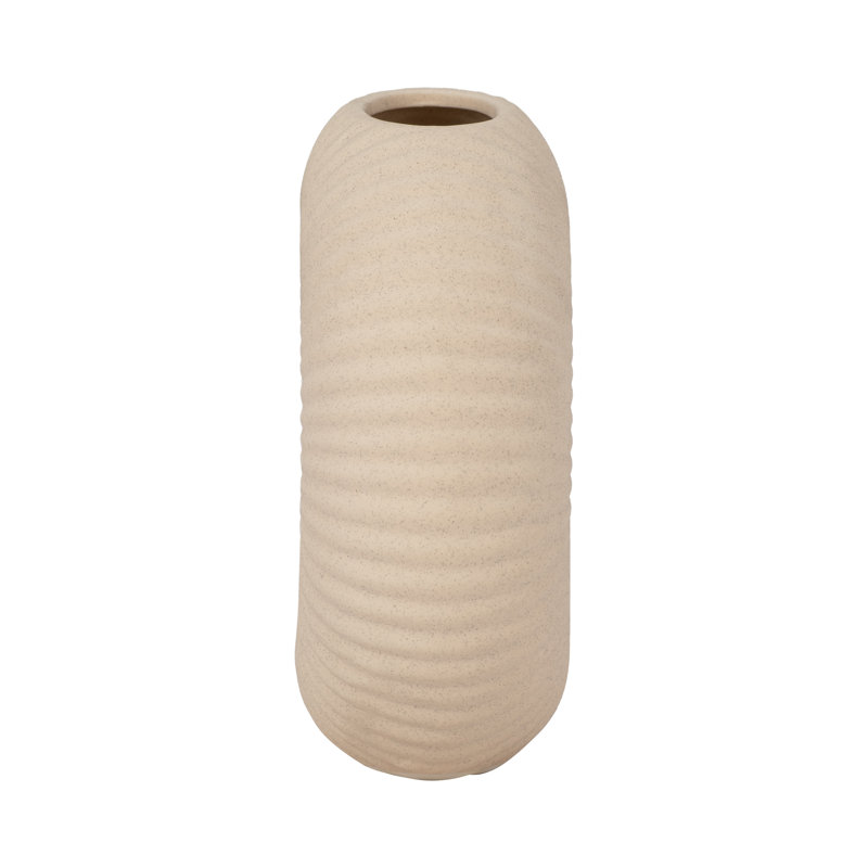 Boho Stoneware and Ceramic Decorative Vase with Sculptural Ribbed Design and Textured Wood Detailing, 9" H x 10" W x 4" D