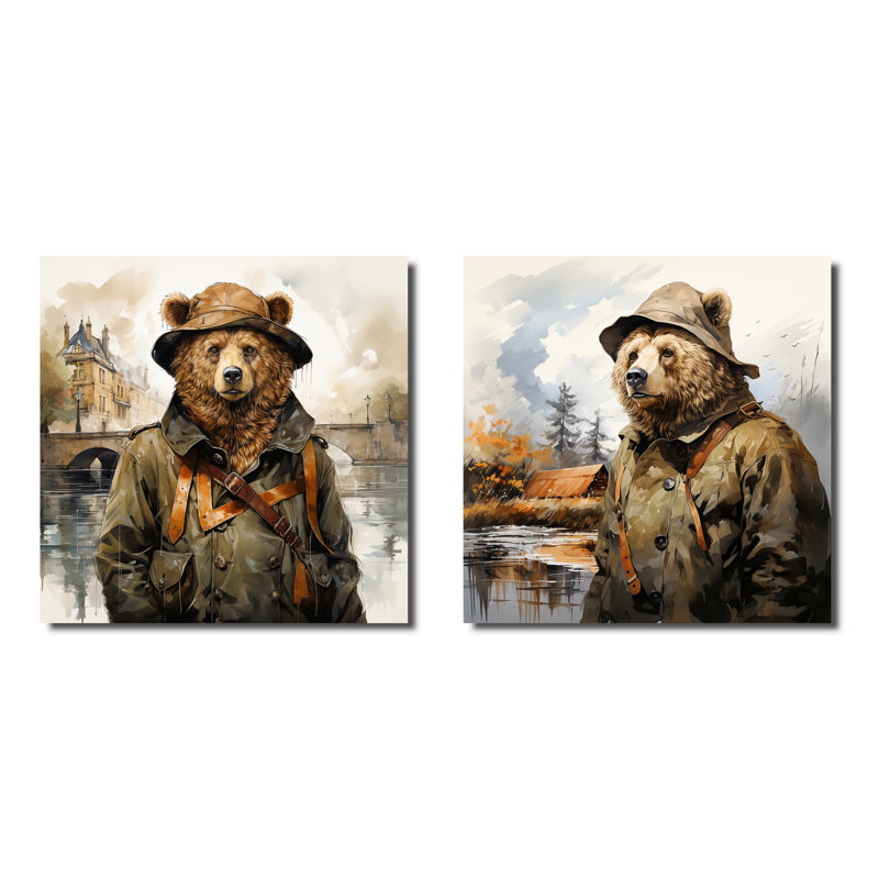 Ours en costume détective campagne I - ours, ensemble de 2 reproductions d'art sur toile, Toile tendue