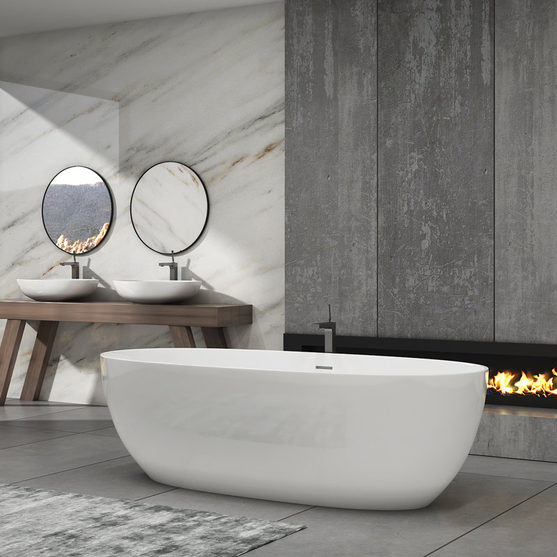 Sunset 71" x 35" Freestanding Soaking Solid Surface Bathtub, Glossy White