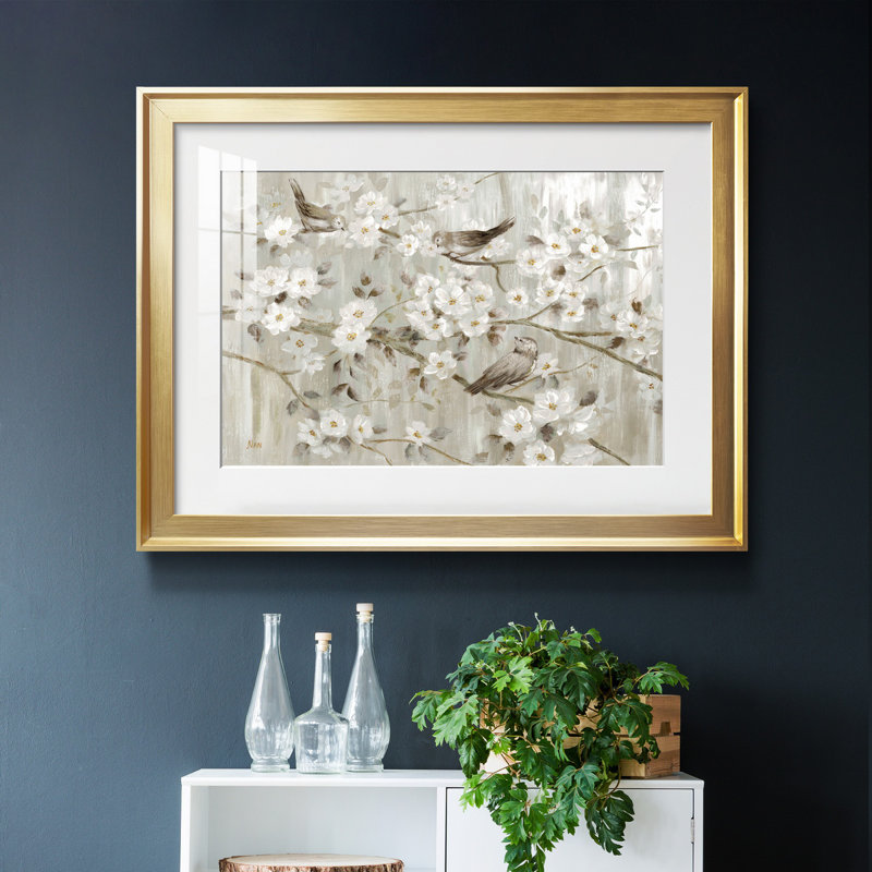 Neutre oiseaux printaniers - peinture encadrée, H 18,5 po x l 24,5 po x P 1,5 po, Cadre doré