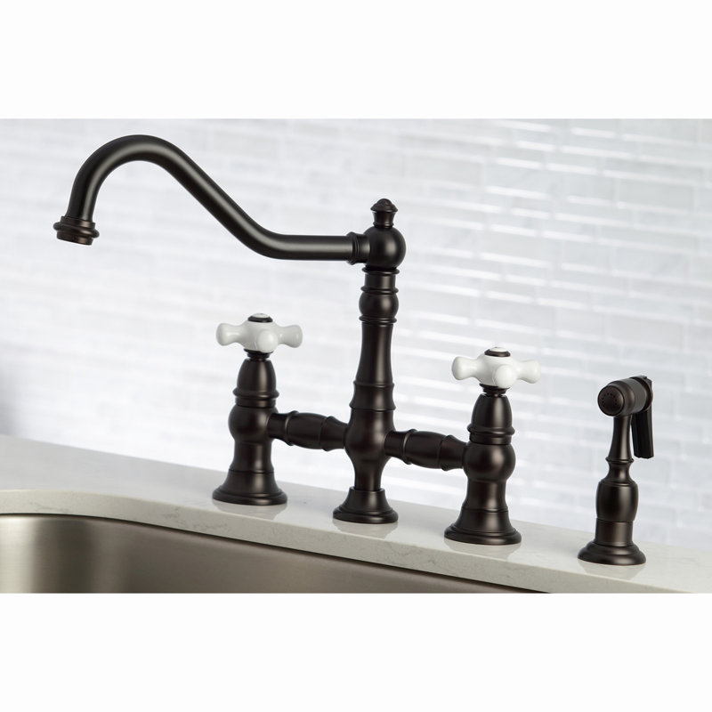 Kingston Brass Restoration Two-Handle 4-Hole Deck Mount Bridge Kitchen Faucet with Brass Side Sprayer, Oil Rubbed Bronze