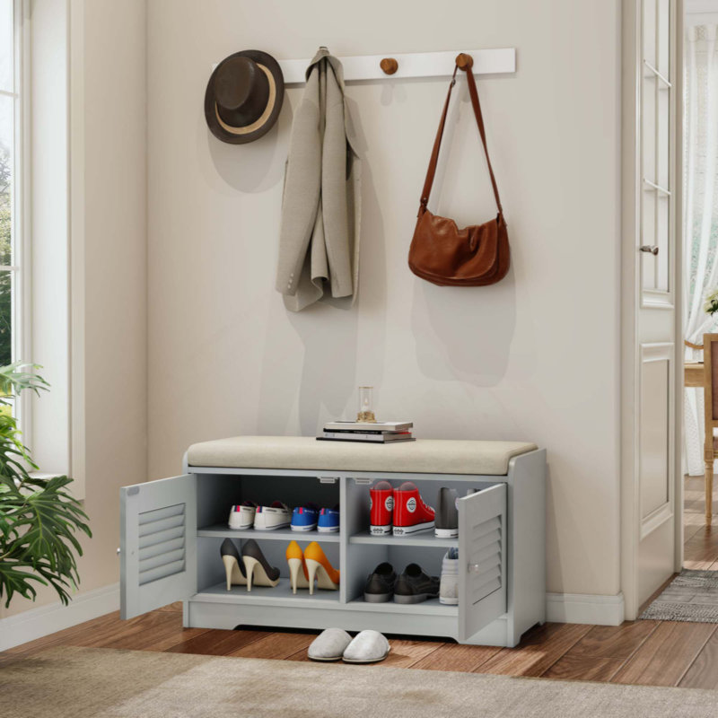 Banc de rangement pour chaussures avec armoire à 2 portes, banc de vestibule avec rangement pour chaussures, banc de rangement pour chaussures avec coussin, tablettes réglables, banc de rangement pour chaussures pour hall d'entrée, couloir