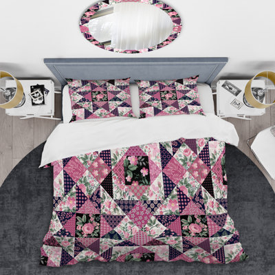 Patchwork floral rose - ensemble de housse de couette abstrait - microfibre de polyester