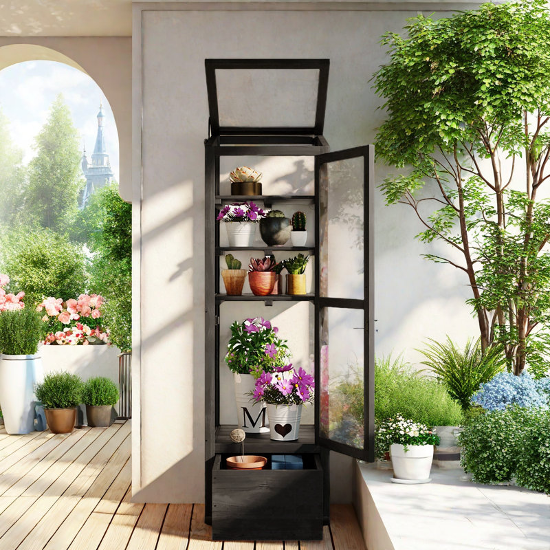 Black Fir Wood Garden Greenhouse with Adjustable Shelves and Storage Box