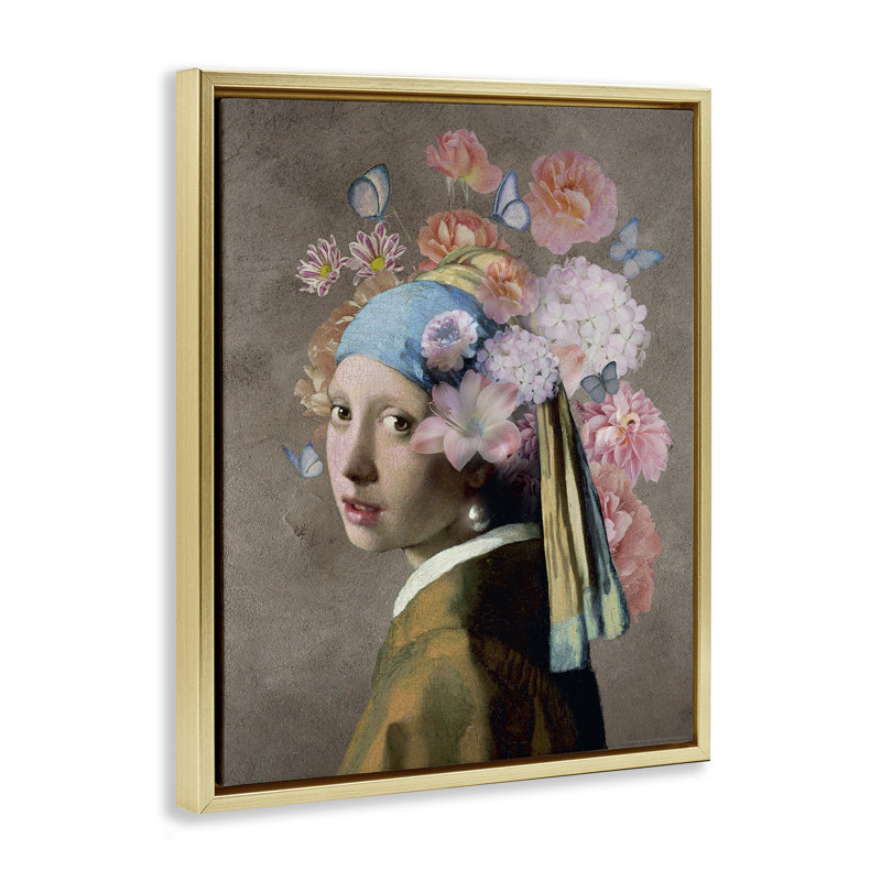 «Classic Portrait with Flowers Floater» par Reinders, H 21 po x l 17 po, Cadre flottant métallique doré