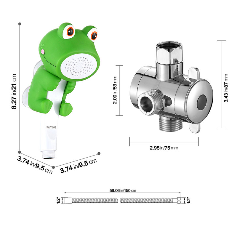Children's Handheld Shower Head，kids Showerhead With Hose & Diverter, Froggie, 8.27" H x 3.74" W x 3.74" D, Green, Froggie