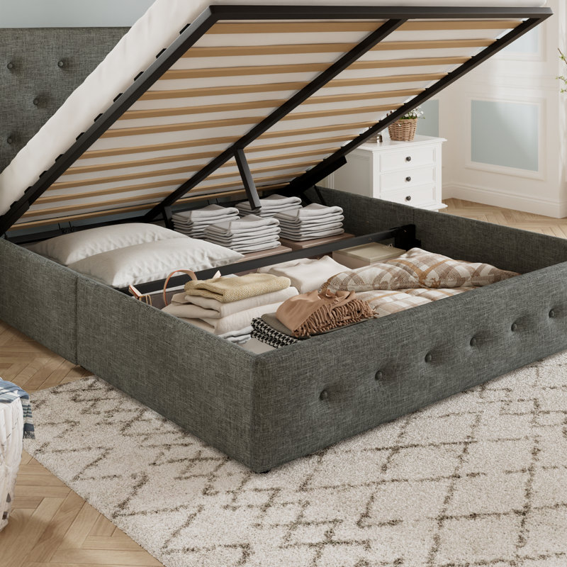 Lit plateforme tapissier avec rangement Bertile, sans sommier tapissier, espace de rangement spacieux, Grand lit, Gris foncé