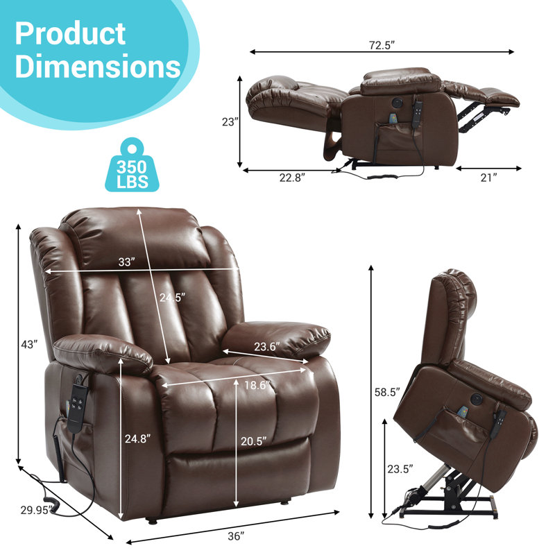 Dual Motor Large Power Lift Recliner with Massage and Heat,USB, Brown Leather Match