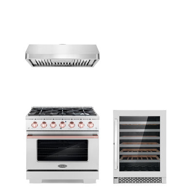 Cosmo 3 Piece Kitchen Appliance Package with 36'' Gas Freestanding Range , Under Cabinet Range Hood , and Wine Refrigerator -  COS-4PKG-1099