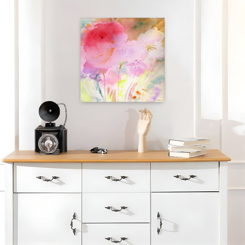 Art floral contemporain rose, H 18 po x l 18 po