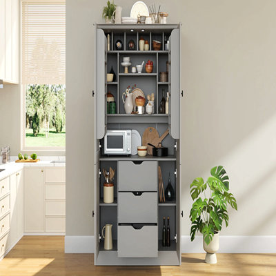 Garde-manger autoportant de 42,3 x 20,0 x 70,9 pouces, grand poste de travail de rangement avec 4 portes, 3 tiroirs, 6 tablettes de porte, tablettes amovibles et 6 supports à vin pour la salle à manger