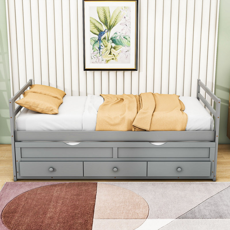 Ertil Twin Wooden Platform Bed with Pull-Out Twin Trundle, Storage Drawers and Headboard, Gray