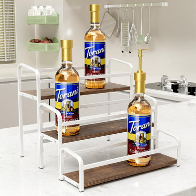 3-Tier Coffee Syrup Rack For Countertop, Large Capacity 12-Bottles Syrup Stand With Wood Shelf ， Metal Frame For Coffee Bar,White
