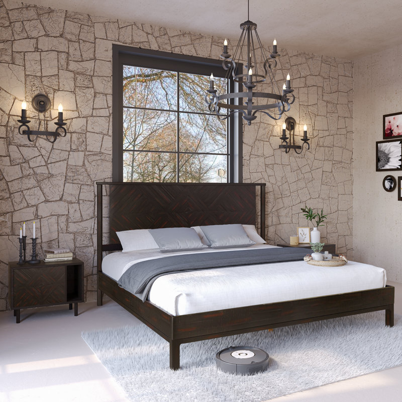 Ethan Solid Wood Platform Bed with Headboard, Rustic Bed Frame, King, Rustic Black