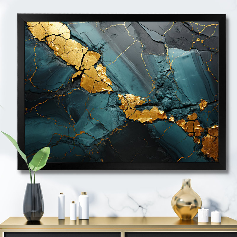 Décoration murale en marbre Aura II doré et vert, Cadre d'angle fermé noir, H 12 po x l 20 po x P 1 po