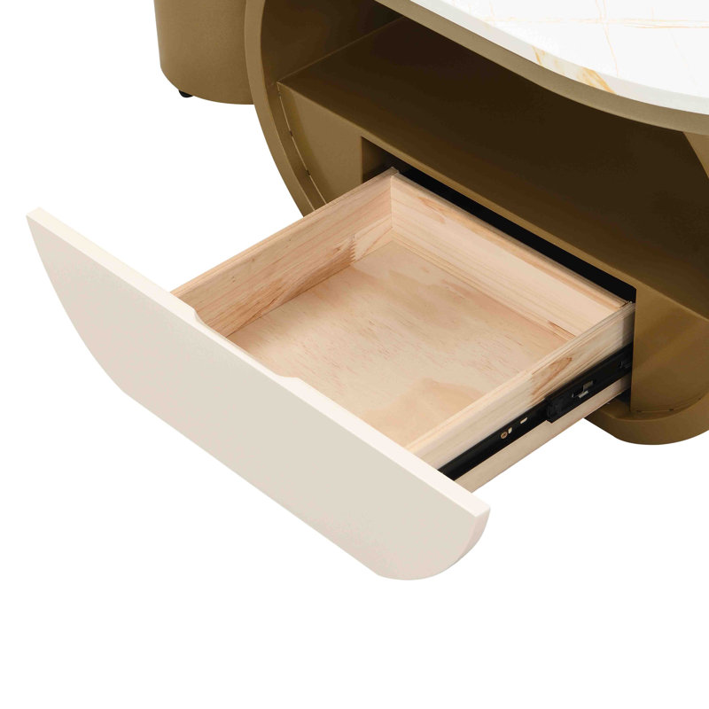 Table basse ovale moderne avec tiroir de rangement, plateau en faux marbre, base en métal doré, pieds réglables, 1 pièce
