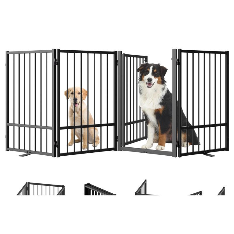 Black Metal Freestanding Dog Gate with Walk-Through Door