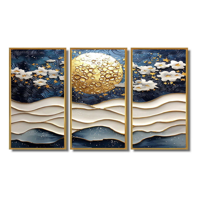 Ensemble de salon Blue Waves Heights Golden Coastal IV - Coastal Wall Art, Toile avec cadre flottant noir