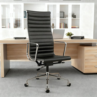 Black Genuine Leather Office Chair With Aluminum Frame, Computer Desk Chair