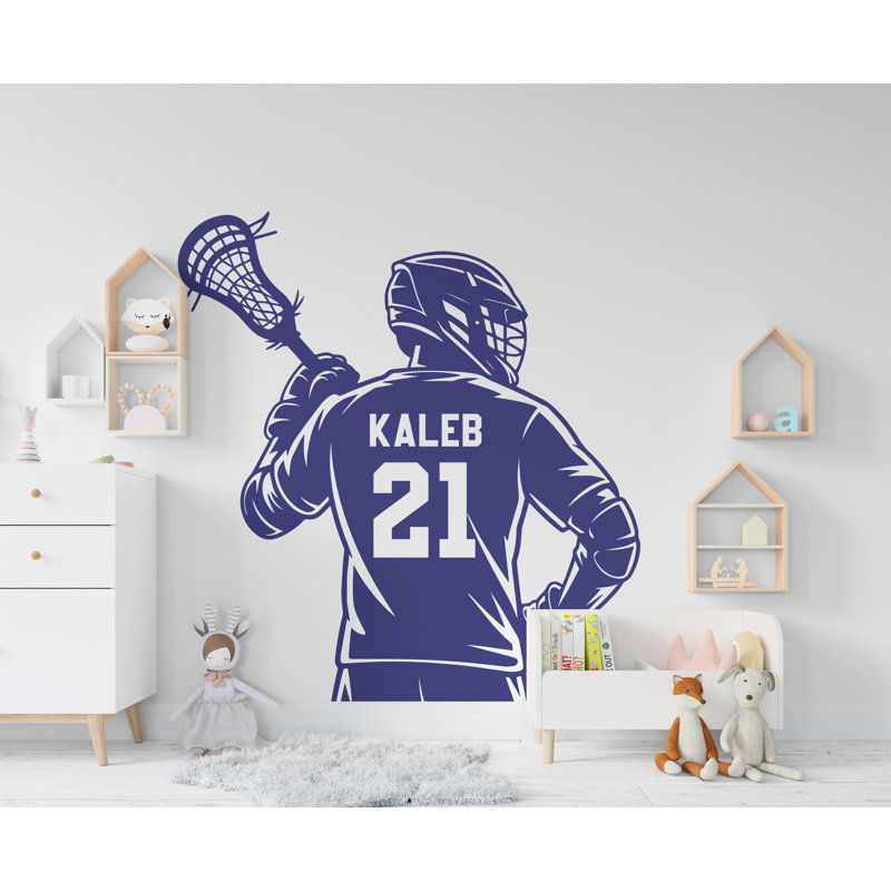 Grand nom personnalisé joueur de crosse autocollant mural sport autocollant pour enfants personnalisé lacrosse mur vinyle autocollant chambre de garçon
