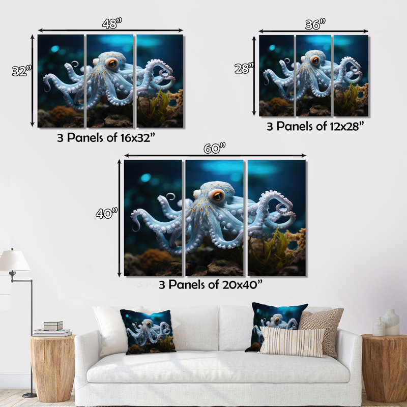 Blue Octopus Serene submersion - impression, H 30 po x l 40 po x P 1,5 po, Encadrement argenté