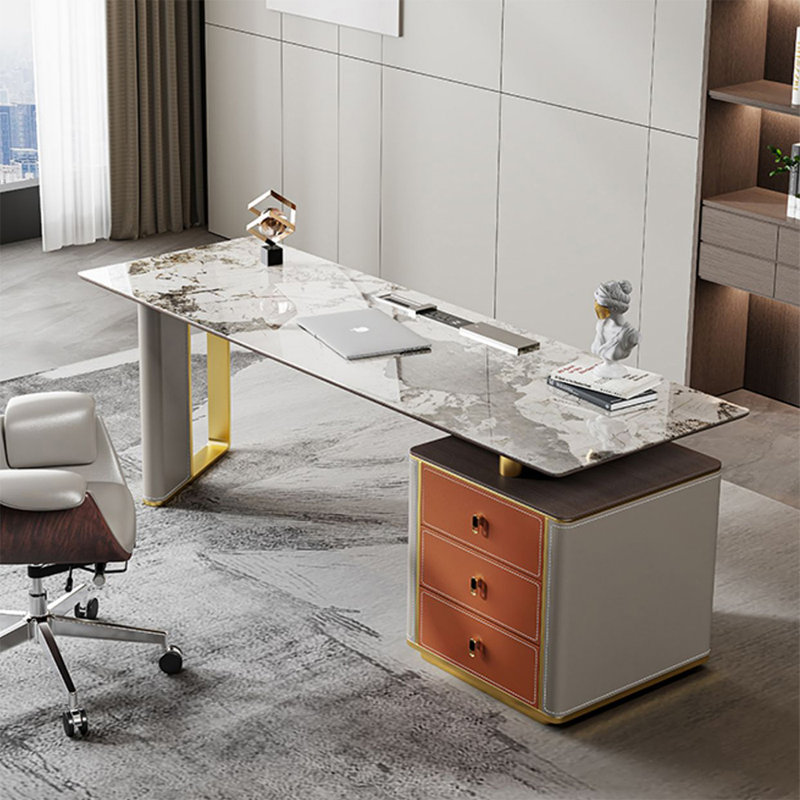 Bureau à 3 tiroirs gris + doré + orange fritté rectangulaire + bois manufacturé, H 29,53 po x l 55,12 po x P 27,56 po 