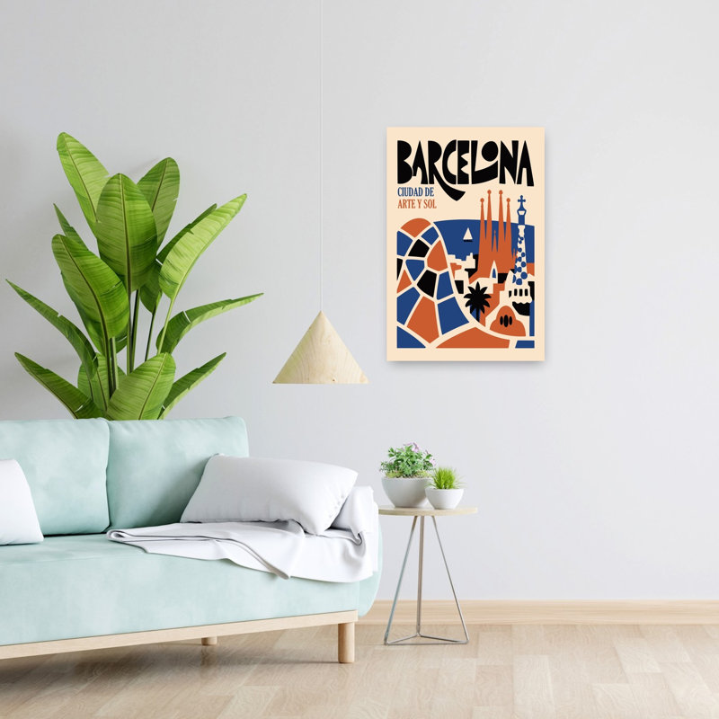 Barcelona Art And Sun Modern Abstract Palm Architecture City Wall Art Print 1 Piece Wrapped Canvas Wall Art
