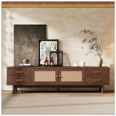 Meuble télé moderne avec portes en rotin pour téléviseur de 80 po ou moins, console média avec espace de rangement et 4 tiroirs, trous pour câbles, centre de divertissement pour le salon