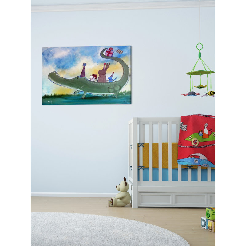 « alligator birthday » par andrea doss, reproduction d’art sur toile tendue, H 12 po x l 18 po