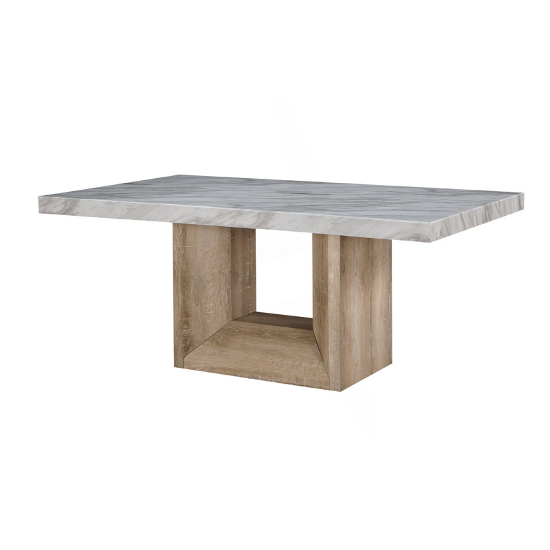 Dining Table With Faux Marble Top And Large Angle Cut Base, Grey/Natural