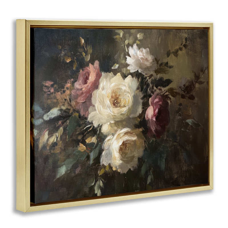  "Dark Still Life Roses", art mural sur toile par Petal Prints Design, H 25 po x l 31 po, Cadre flottant métallique doré