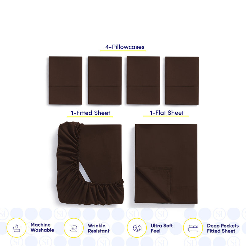 Ensemble de draps luxueux en microfibre douce avec taies d'oreiller en prime, Brun