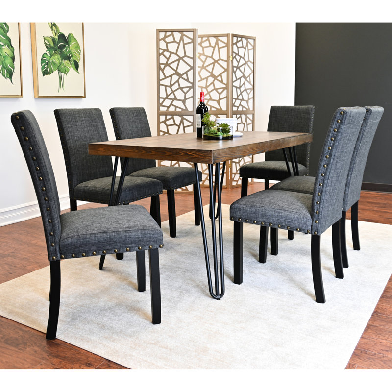 7 tables de salle à manger, 6 tables en épingle à cheveux et 6 chaises, table rustique d'aspect pin foncé, 3 options de couleurs, rectangulaire pour 6 personnes, plateau de table en métal