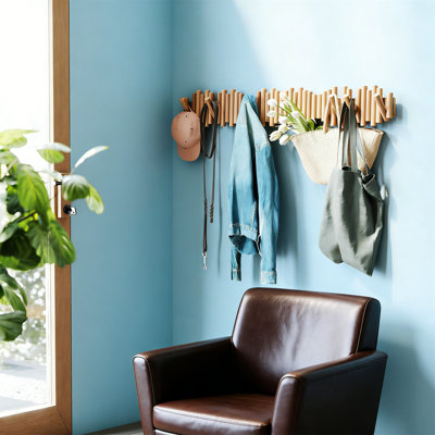 3-Pack 5-Peg Natural Retractable Wood Wall Mount Coat Rack