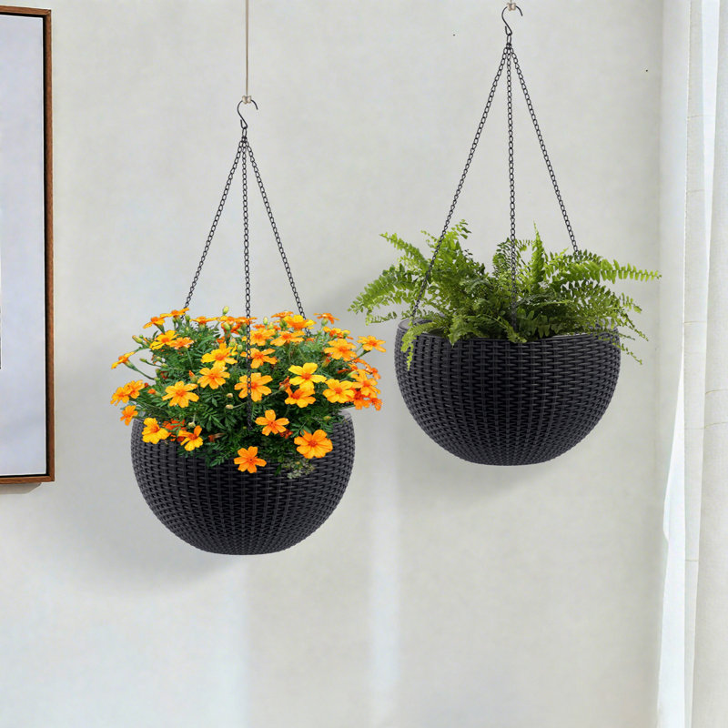 13.4 Inch Self-watering Hanging Rattan-inspired Planter Large Capacity, Root-rot Resistant Water Storage With Water Level Indicator, Dual-use For Indoor & Balcony Decoration Pack Of 2