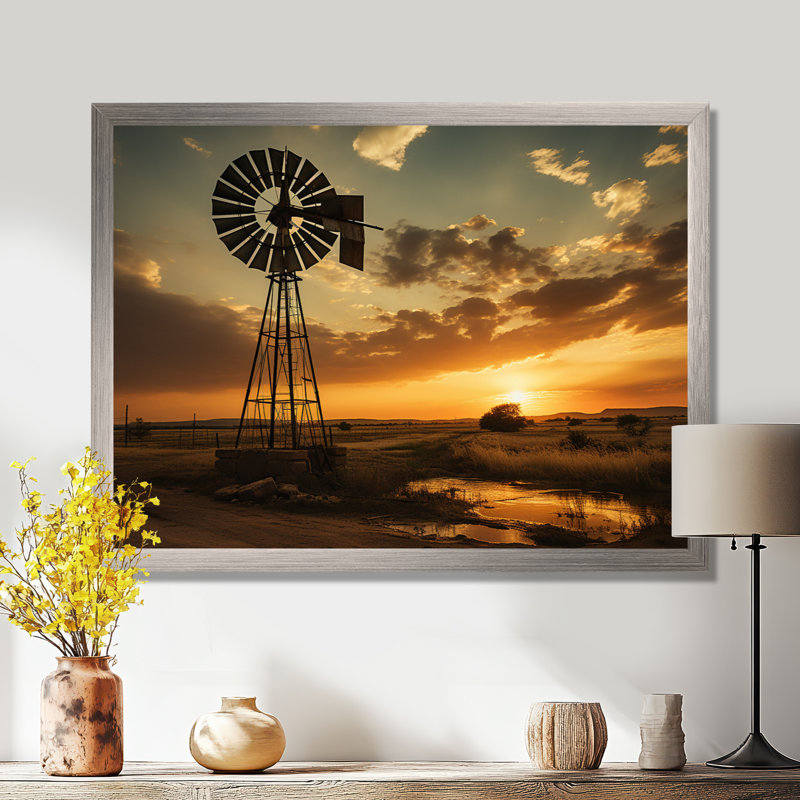 Texas Rustic Windmills - Wind Turbines, art mural pour le salon, H 24 po x l 32 po x P 1 po, Cadre flottant brun
