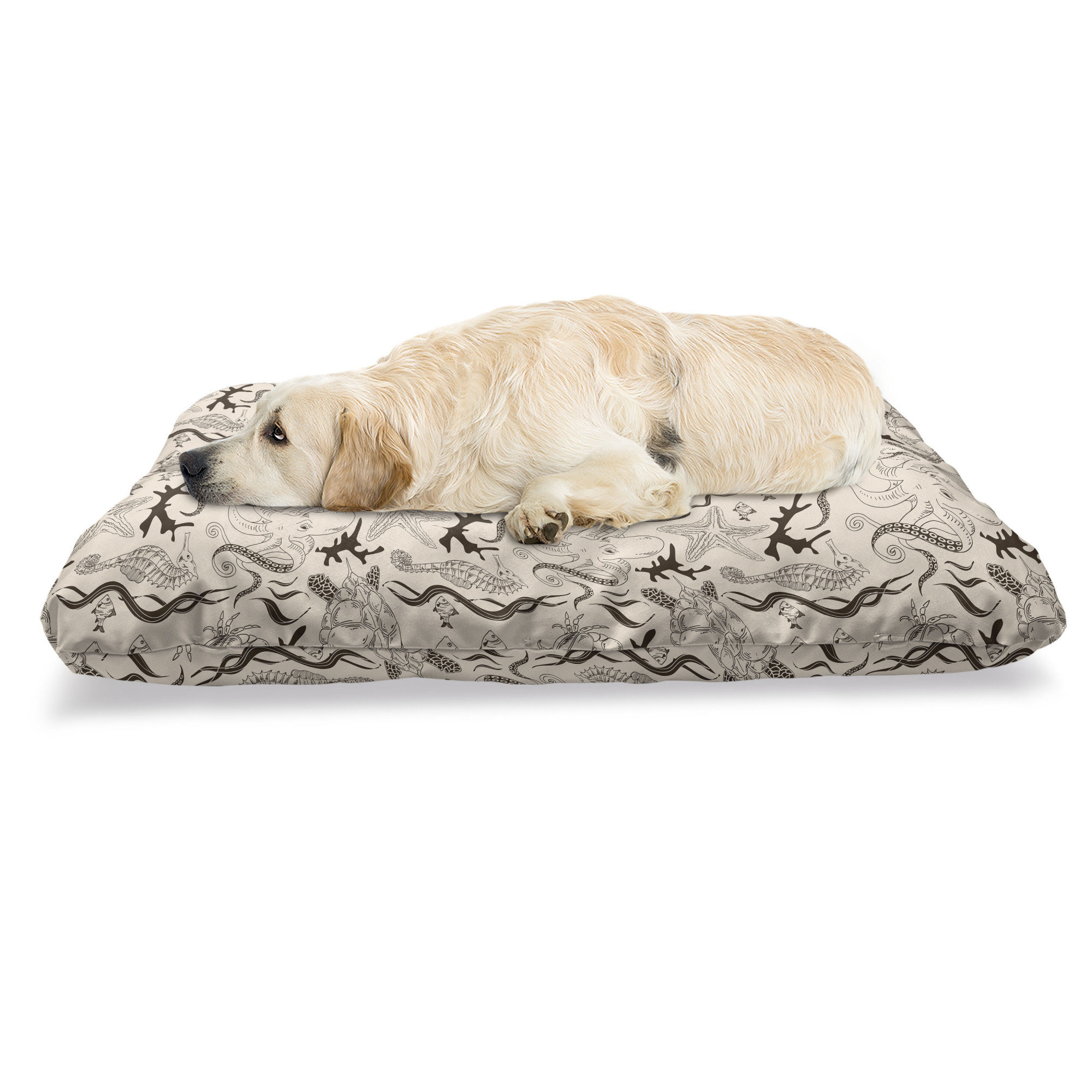 Ambesonne Beige Pet Bed, Contemporary Illustration Of Marine Animals In  Retro Style Octopus Crab Seahorse Art, Chew Resistant Pad For Dogs And Cats 