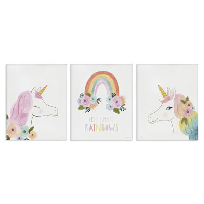 Ensemble de toiles 3 pièces «Let Chase Rainbows Unicorns» par Jenaya Jackson