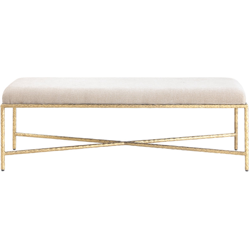 Iyania Chenille Fabric Bench, Beige Chenille Fabric, Gold