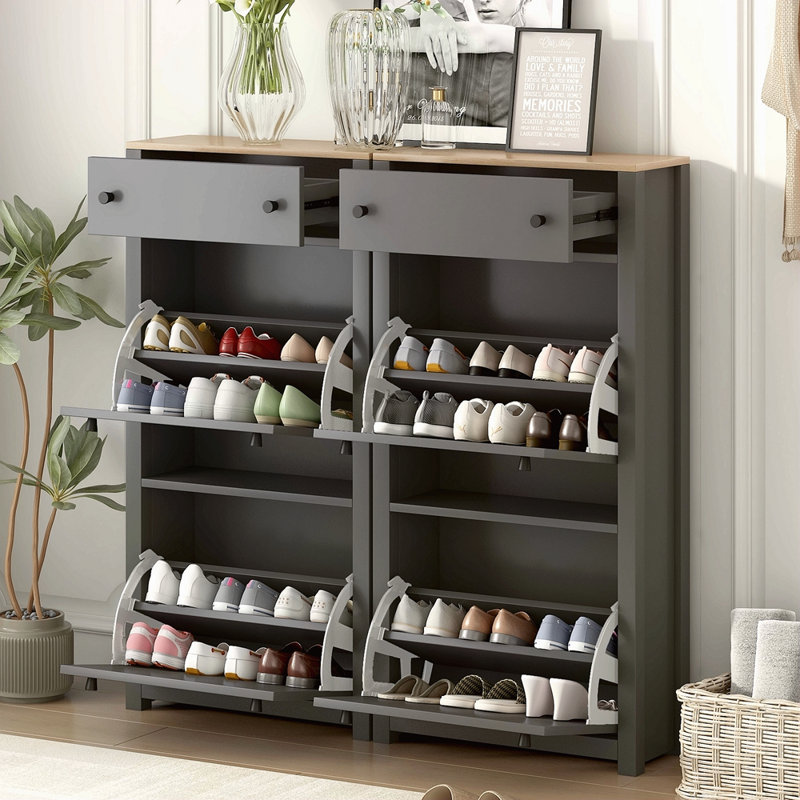 Ensemble d'armoire à chaussures mince avec 4 tiroirs rabattables, solution de rangement supérieure à motif de grain de bois avec panneau réglable, étagère à chaussures de style moderne avec tiroirs pour le couloir