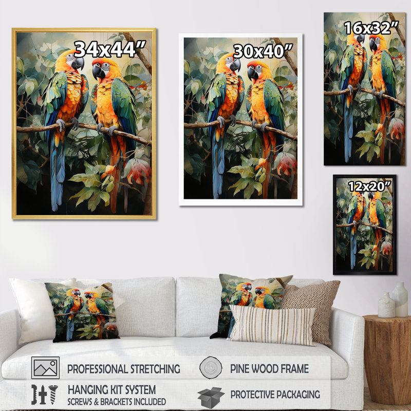 Deux perroquets sur une branche III - reproduction, H 20 po x l 12 po, Cadre naturel flottant