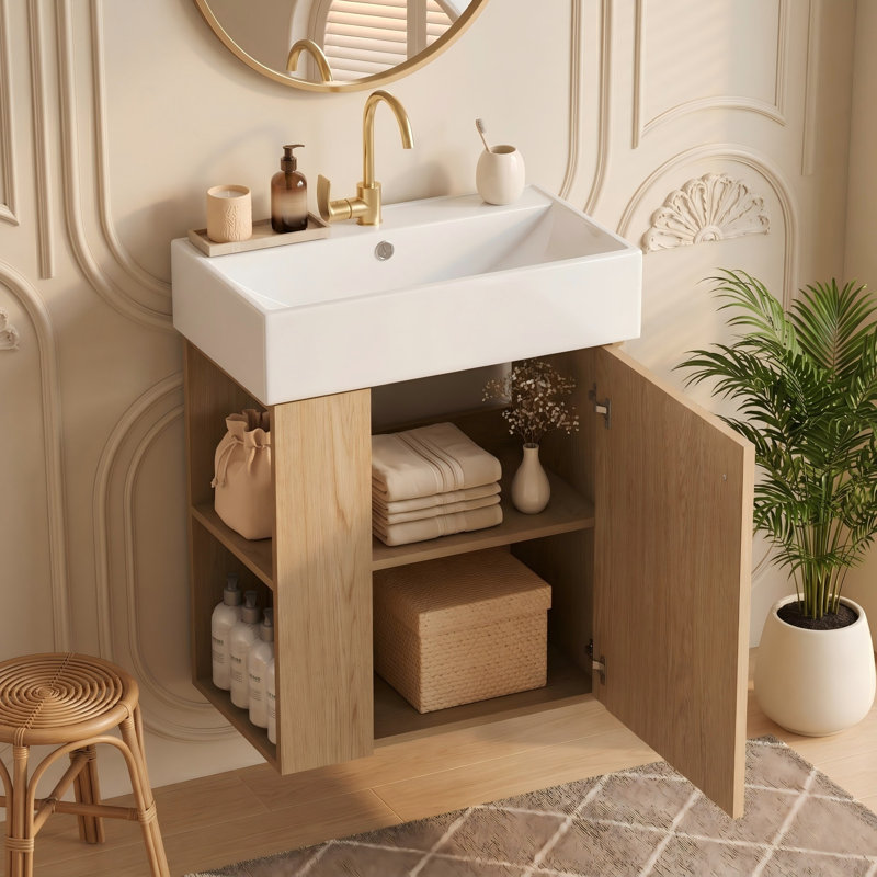 Gabrielle 21.6 Single Bathroom Vanity with Ceramic Top, Natural Oak/Light Woodgrain