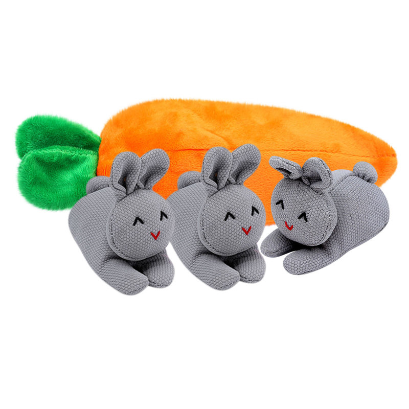 Décompressez la poupée jouet 3 lapins dans un sac de carotte, Gray