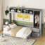 Grand lit escamotable mural avec placard et tiroirs, gris